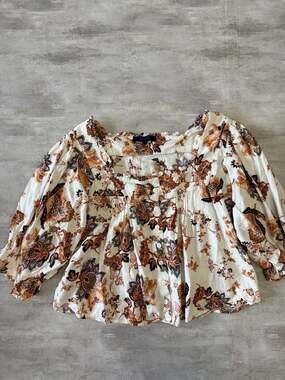 RACHEL Rachel Roy Floral Linen Blend Square Neck Puff Sleeve Peasant Blouse